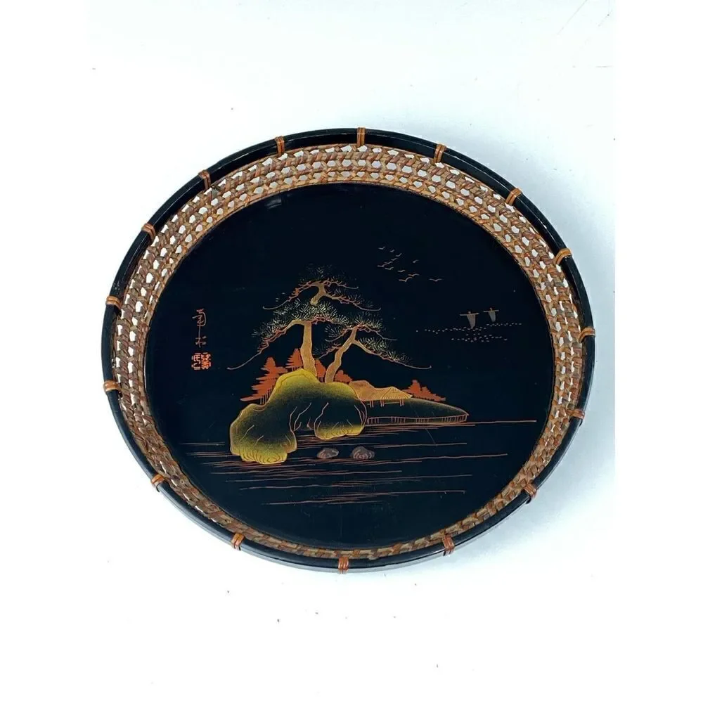 Vintage Japanese Lacquered Hand Painted Wooden Tray with Wicker Sides DR1647